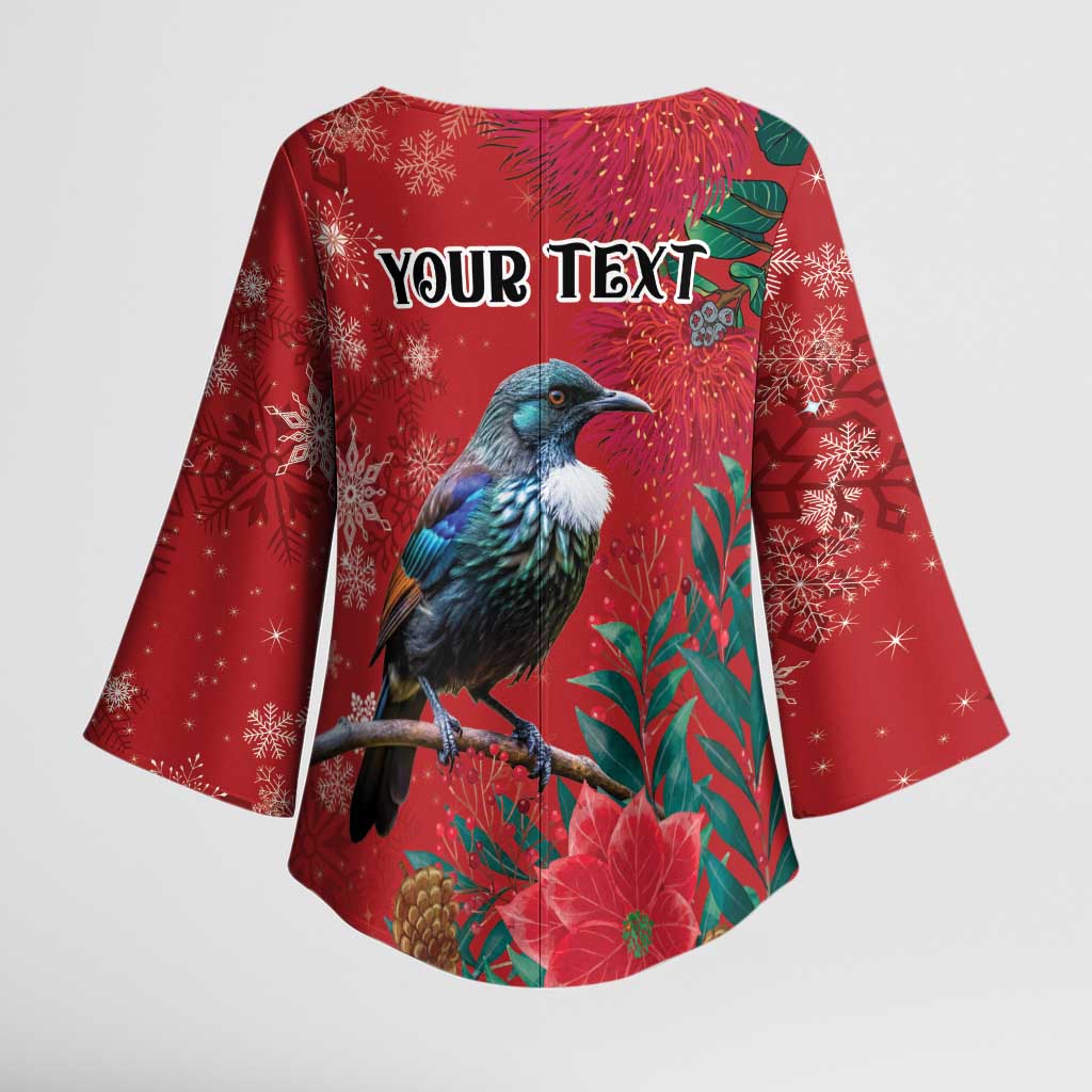 Tui Meri Kirihimete Personalised Kimono Sleeve Blouse Pohutukawa Flowers Red Motif - Polynesian Pride