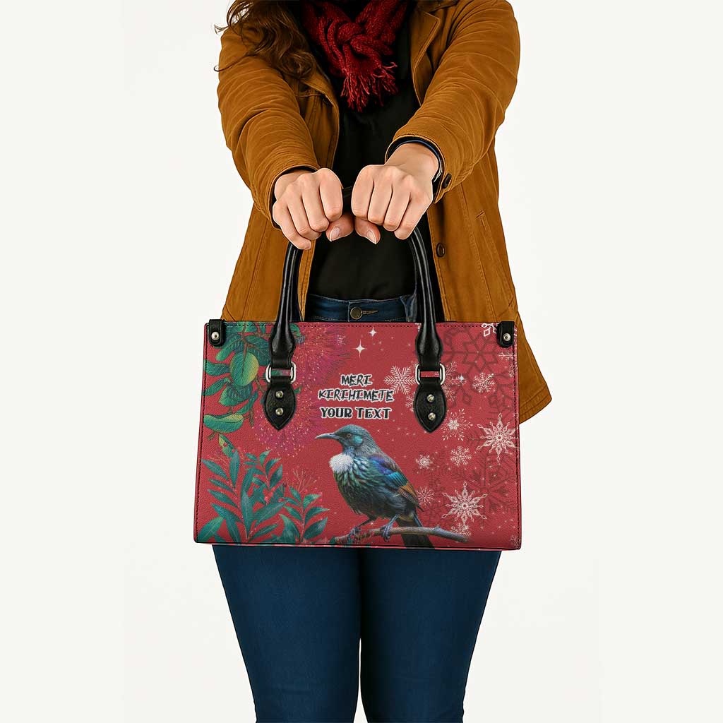 Tui Meri Kirihimete Personalised Leather Bag Pohutukawa Flowers Red Motif - Polynesian Pride