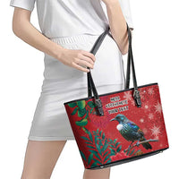 Tui Meri Kirihimete Personalised Leather Tote Bag Pohutukawa Flowers Red Motif - Polynesian Pride