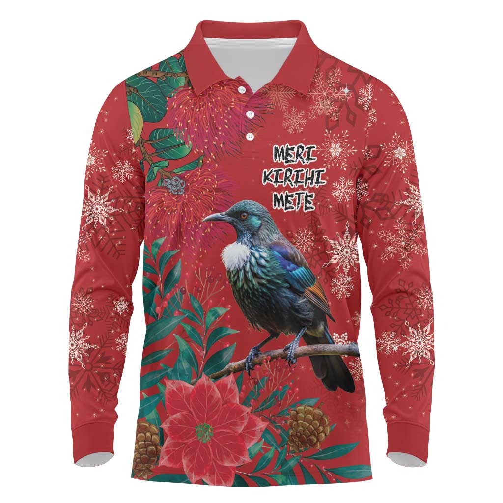 Tui Meri Kirihimete Personalised Long Sleeve Polo Shirt Pohutukawa Flowers Red Motif LT9 Red - Polynesian Pride