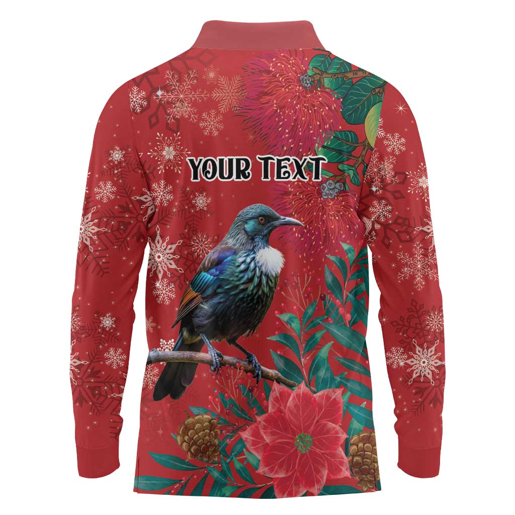 Tui Meri Kirihimete Personalised Long Sleeve Polo Shirt Pohutukawa Flowers Red Motif LT9 - Polynesian Pride