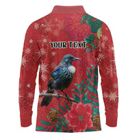 Tui Meri Kirihimete Personalised Long Sleeve Polo Shirt Pohutukawa Flowers Red Motif LT9 - Polynesian Pride