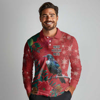 Tui Meri Kirihimete Personalised Long Sleeve Polo Shirt Pohutukawa Flowers Red Motif LT9 - Polynesian Pride