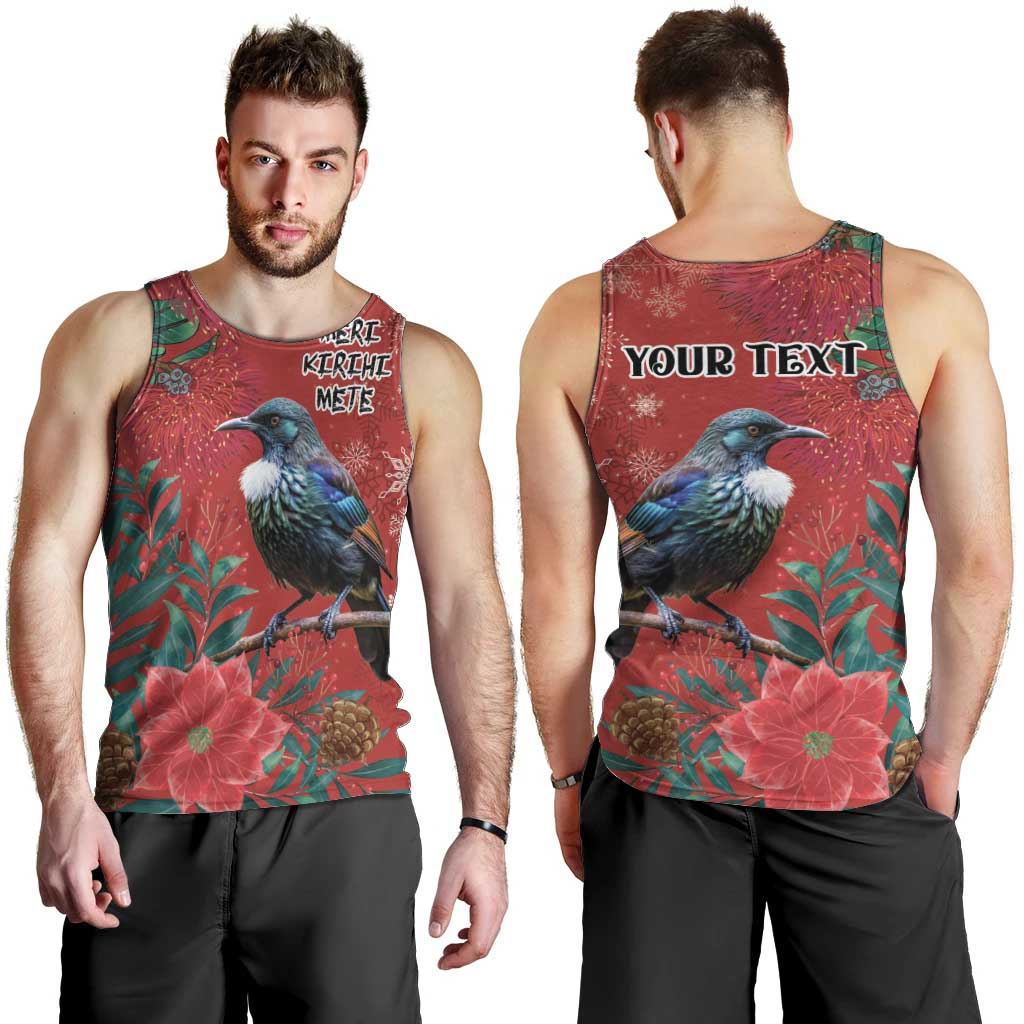 Tui Meri Kirihimete Personalised Men Tank Top Pohutukawa Flowers Red Motif - Polynesian Pride