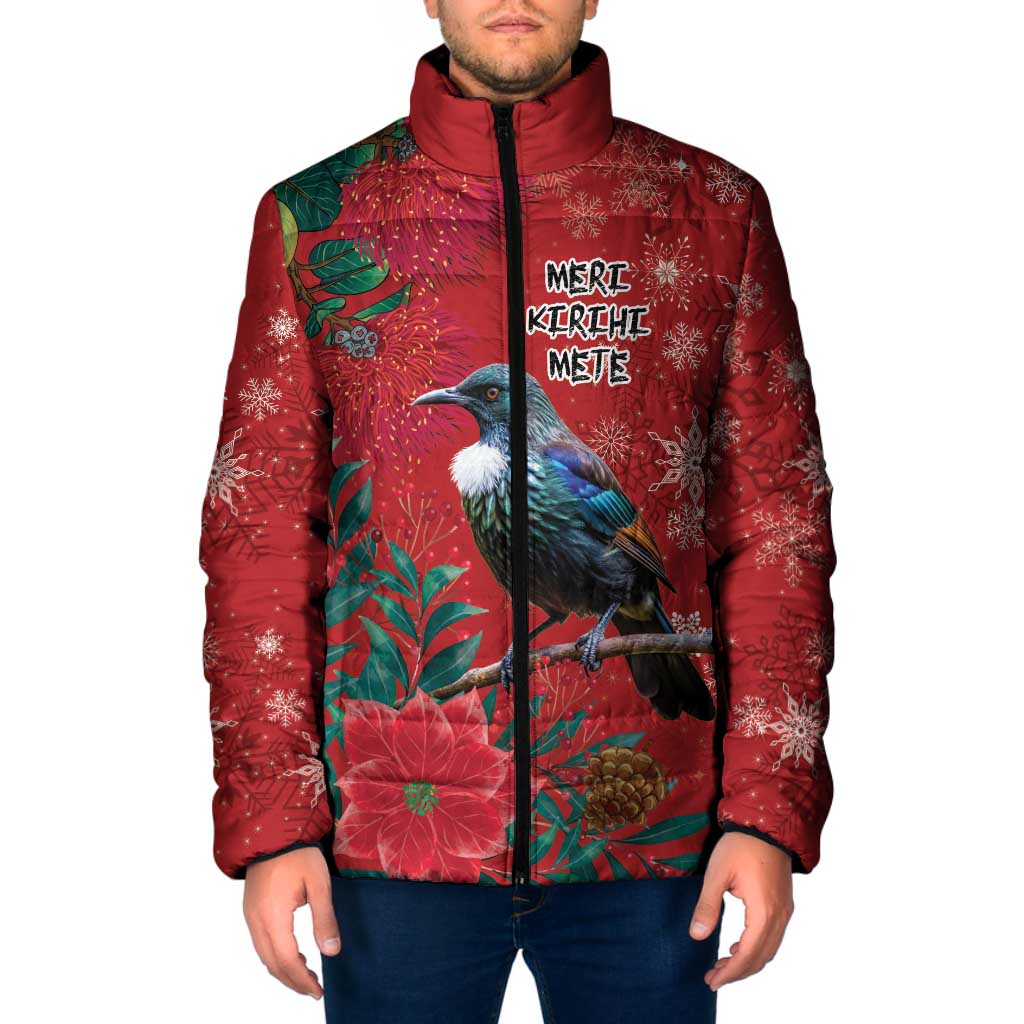 Tui Meri Kirihimete Personalised Padded Jacket Pohutukawa Flowers Red Motif - Polynesian Pride
