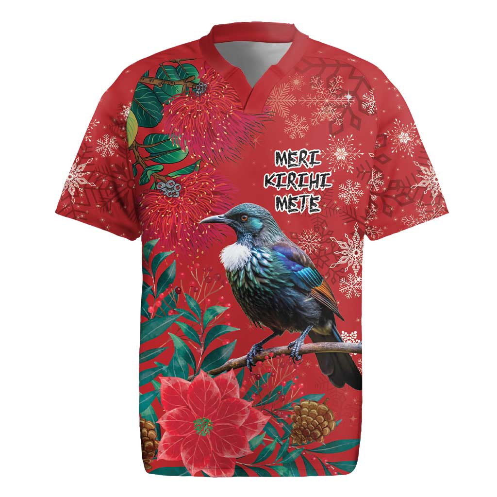 Tui Meri Kirihimete Personalised Rugby Jersey Pohutukawa Flowers Red Motif - Polynesian Pride