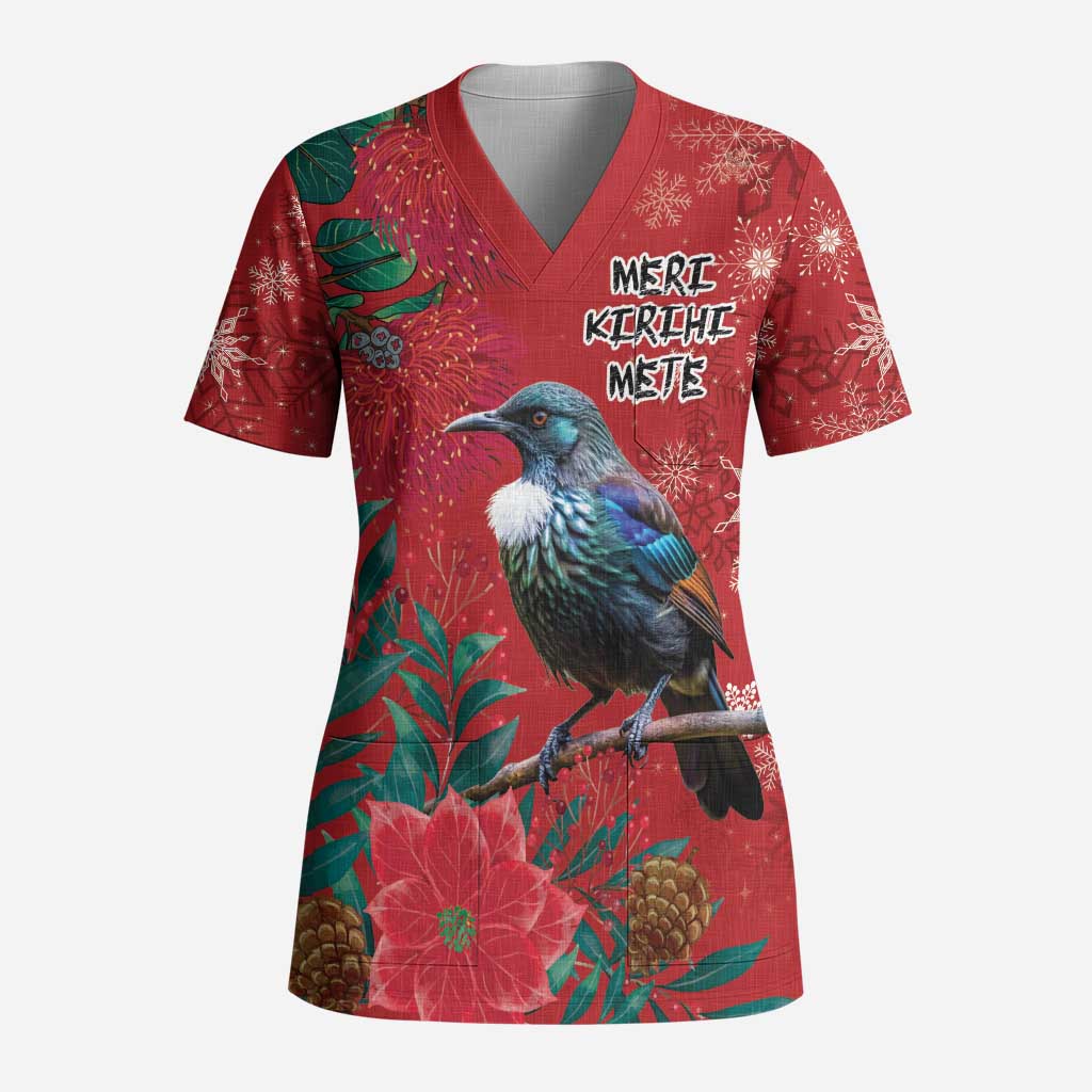 Tui Meri Kirihimete Personalised Scrub Top Pohutukawa Flowers Red Motif - Polynesian Pride