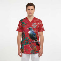 Tui Meri Kirihimete Personalised Scrub Top Pohutukawa Flowers Red Motif - Polynesian Pride