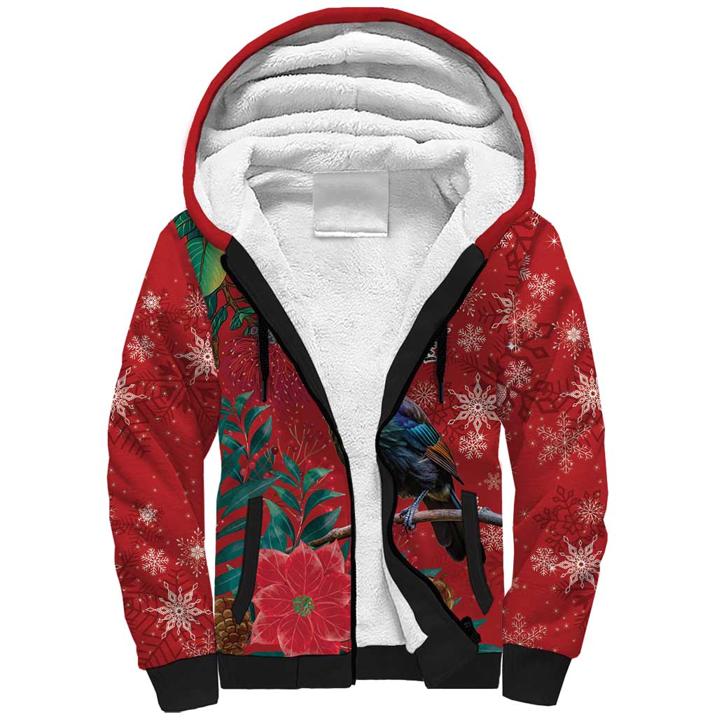 Tui Meri Kirihimete Personalised Sherpa Hoodie Pohutukawa Flowers Red Motif - Polynesian Pride