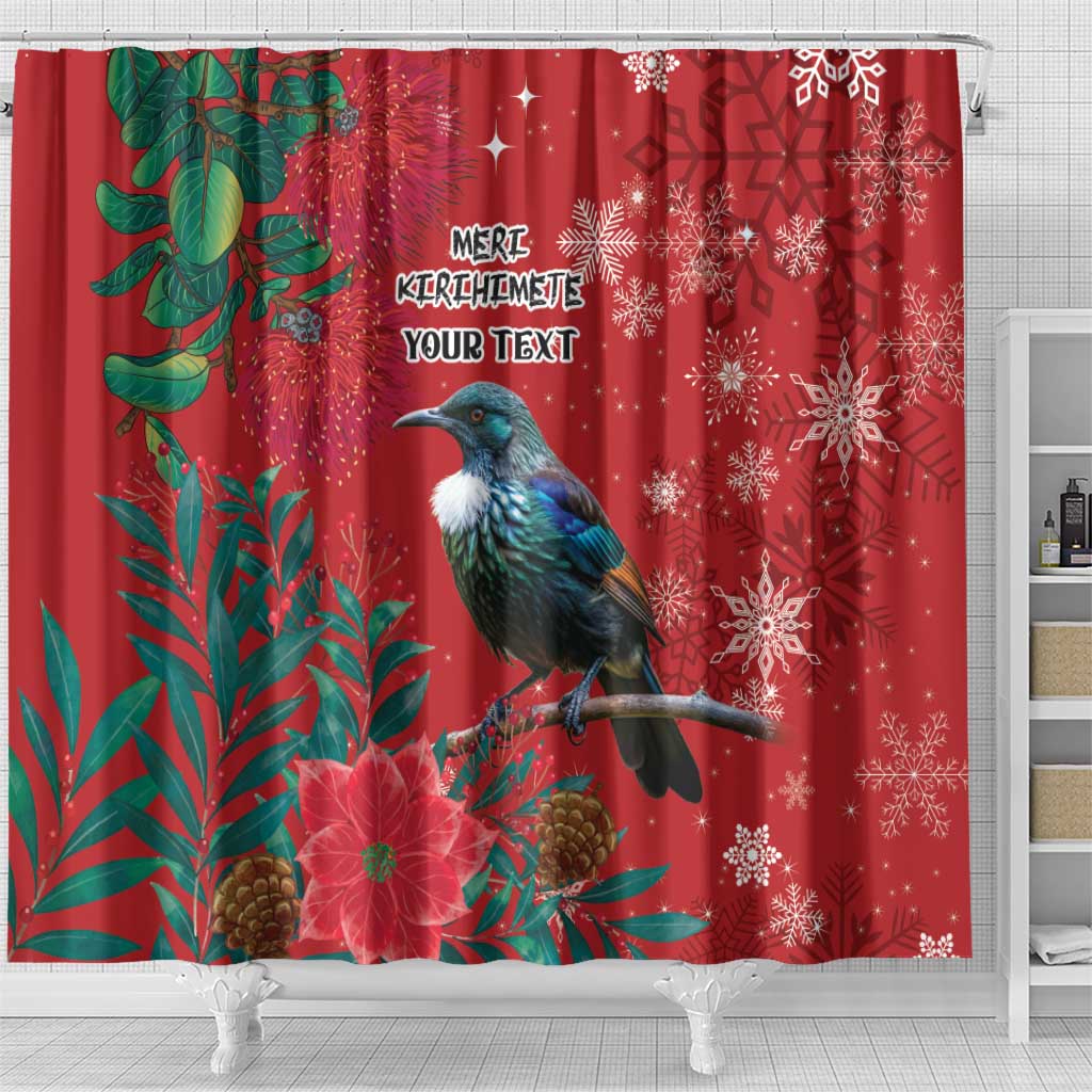 Tui Meri Kirihimete Personalised Shower Curtain Pohutukawa Flowers Red Motif - Polynesian Pride