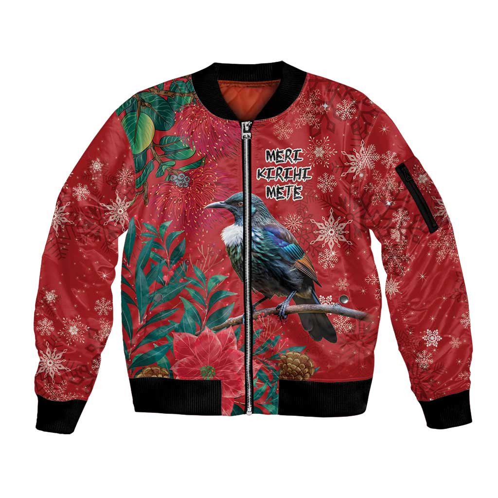 Tui Meri Kirihimete Personalised Sleeve Zip Bomber Jacket Pohutukawa Flowers Red Motif - Polynesian Pride
