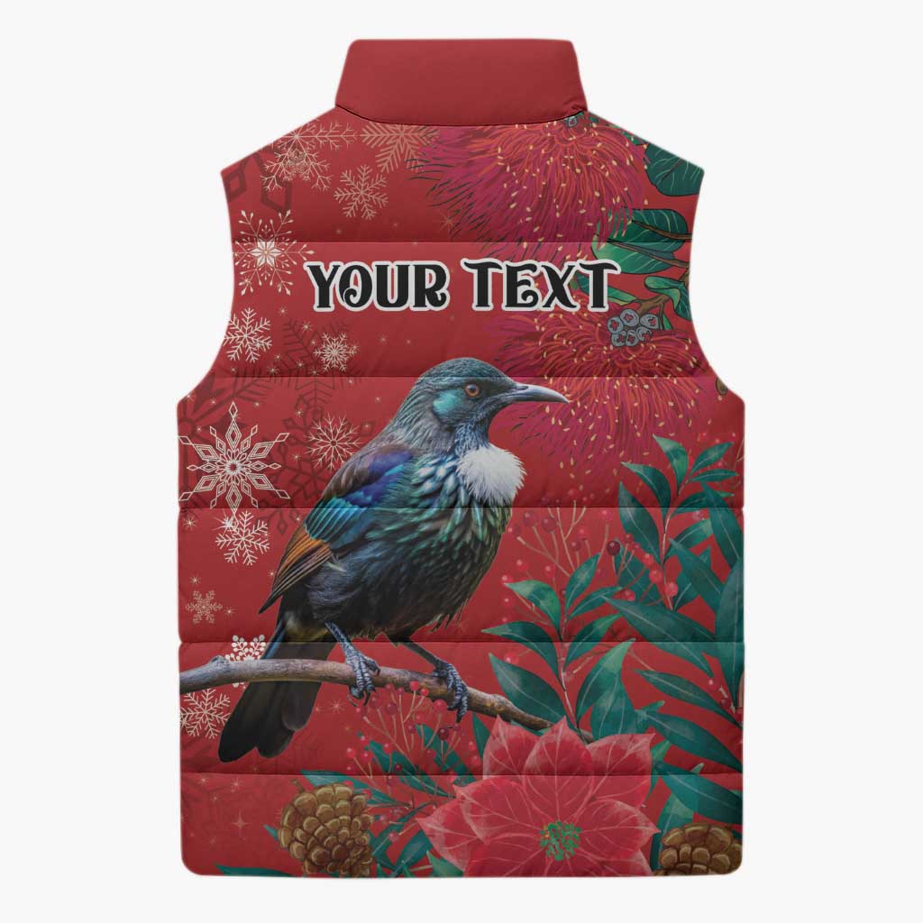 Tui Meri Kirihimete Personalised Sleeveless Puffer Jacket Pohutukawa Flowers Red Motif - Polynesian Pride