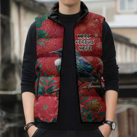 Tui Meri Kirihimete Personalised Sleeveless Puffer Jacket Pohutukawa Flowers Red Motif - Polynesian Pride