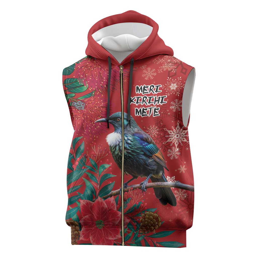 Tui Meri Kirihimete Personalised Sleeveless Zip Hoodie Pohutukawa Flowers Red Motif - Polynesian Pride