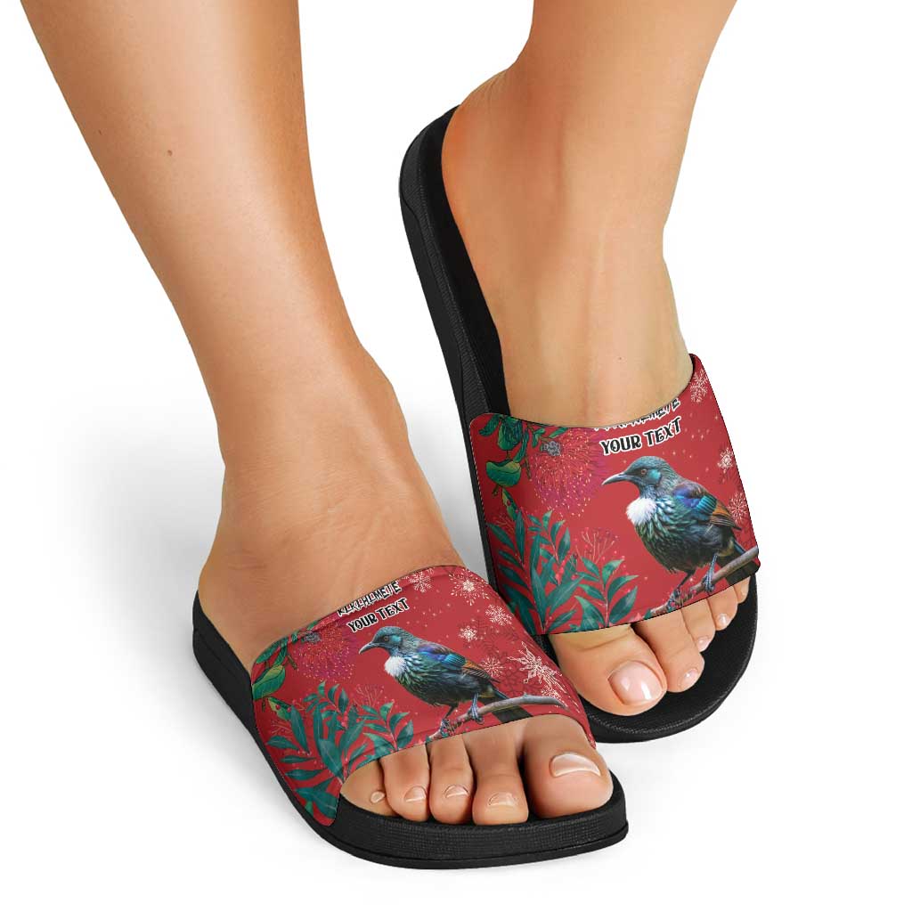 Tui Meri Kirihimete Personalised Slide Sandals Pohutukawa Flowers Red Motif - Polynesian Pride