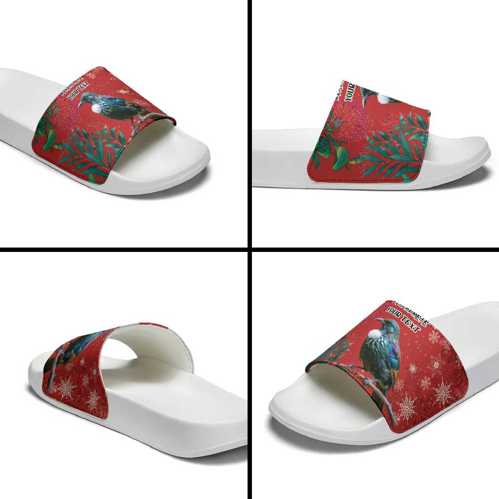 Tui Meri Kirihimete Personalised Slide Sandals Pohutukawa Flowers Red Motif - Polynesian Pride