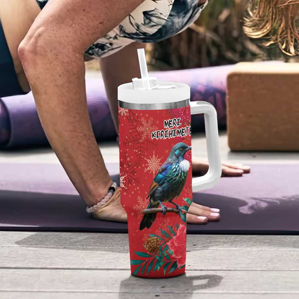 Tui Meri Kirihimete Personalised Tumbler With Handle Pohutukawa Flowers Red Motif - Polynesian Pride
