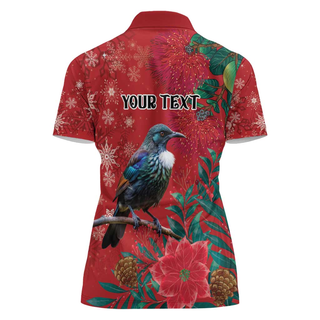 Tui Meri Kirihimete Personalised Women Polo Shirt Pohutukawa Flowers Red Motif - Polynesian Pride
