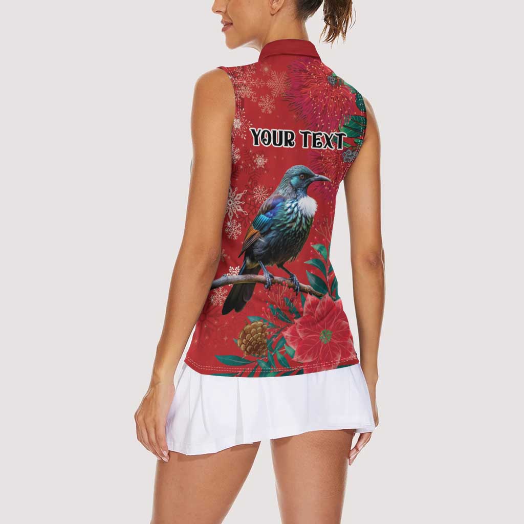 Tui Meri Kirihimete Personalised Women Sleeveless Polo Shirt Pohutukawa Flowers Red Motif - Polynesian Pride