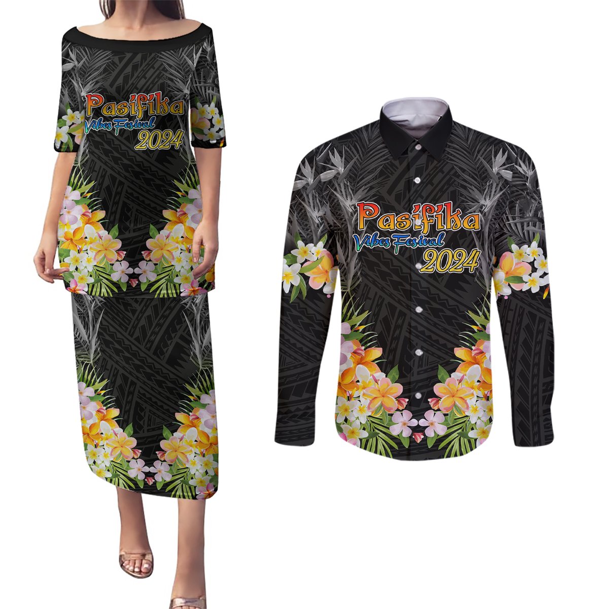 Pasifika Vibes Festival 2024 Auckland Couples Matching Puletasi and Long Sleeve Button Shirt LT9 Black - Polynesian Pride