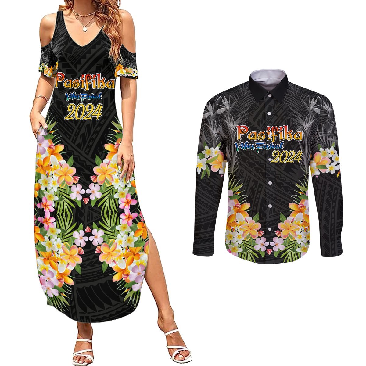 Pasifika Vibes Festival 2024 Auckland Couples Matching Summer Maxi Dress and Long Sleeve Button Shirt LT9 Black - Polynesian Pride