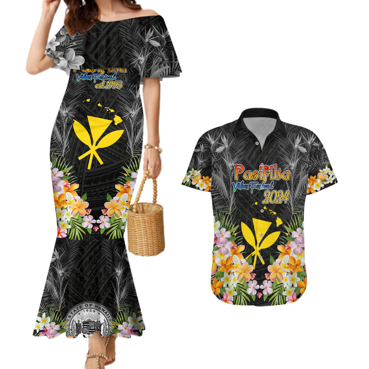 Pasifika Vibes Festival 2024 Couples Matching Mermaid Dress and Hawaiian Shirt Kanaka Maoli With Hawaiian Islands LT9 Black - Polynesian Pride