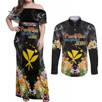 Pasifika Vibes Festival 2024 Couples Matching Off Shoulder Maxi Dress and Long Sleeve Button Shirt Kanaka Maoli With Hawaiian Islands LT9 Black - Polynesian Pride