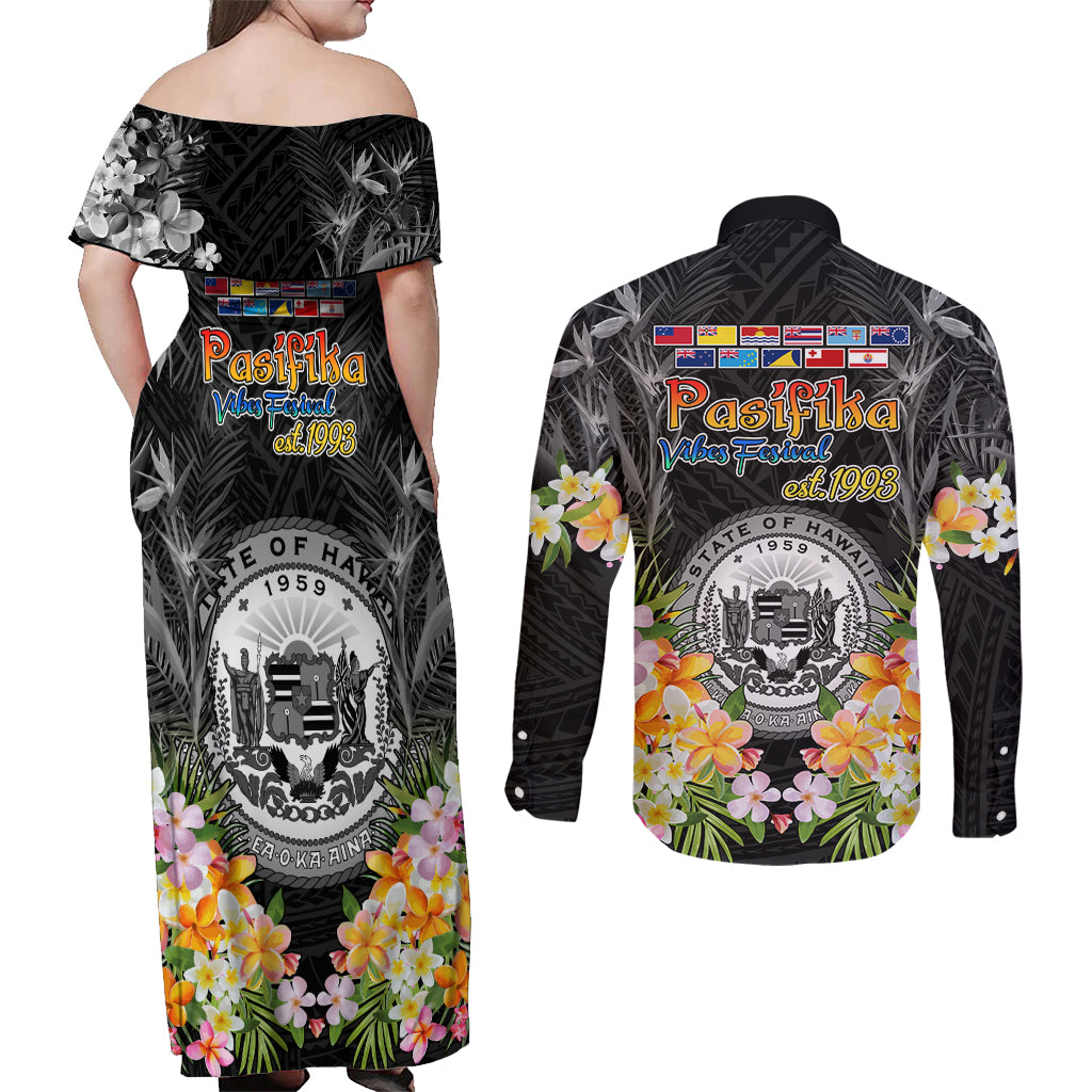 Pasifika Vibes Festival 2024 Couples Matching Off Shoulder Maxi Dress and Long Sleeve Button Shirt Kanaka Maoli With Hawaiian Islands LT9 - Polynesian Pride
