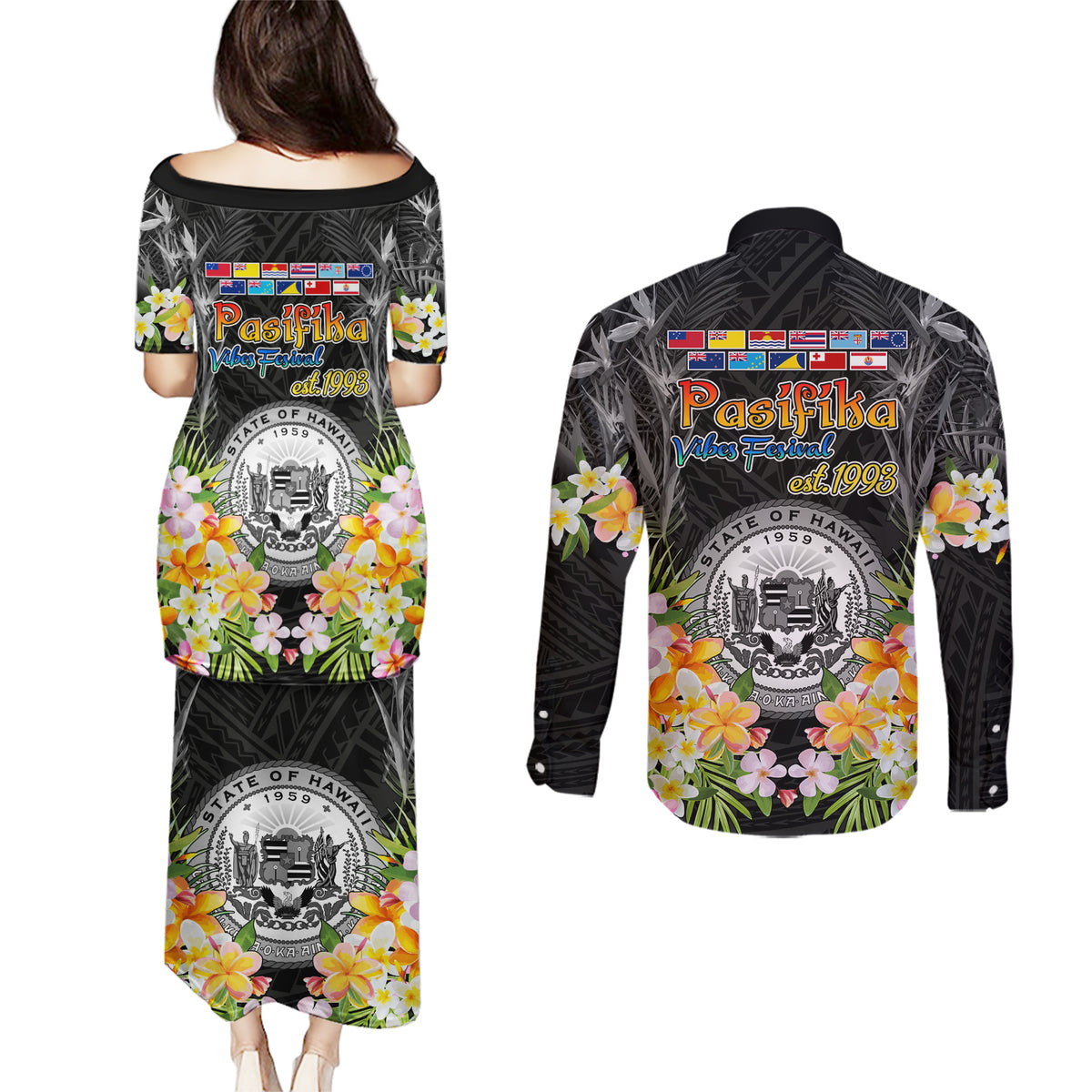 Pasifika Vibes Festival 2024 Couples Matching Puletasi and Long Sleeve Button Shirt Kanaka Maoli With Hawaiian Islands LT9 - Polynesian Pride