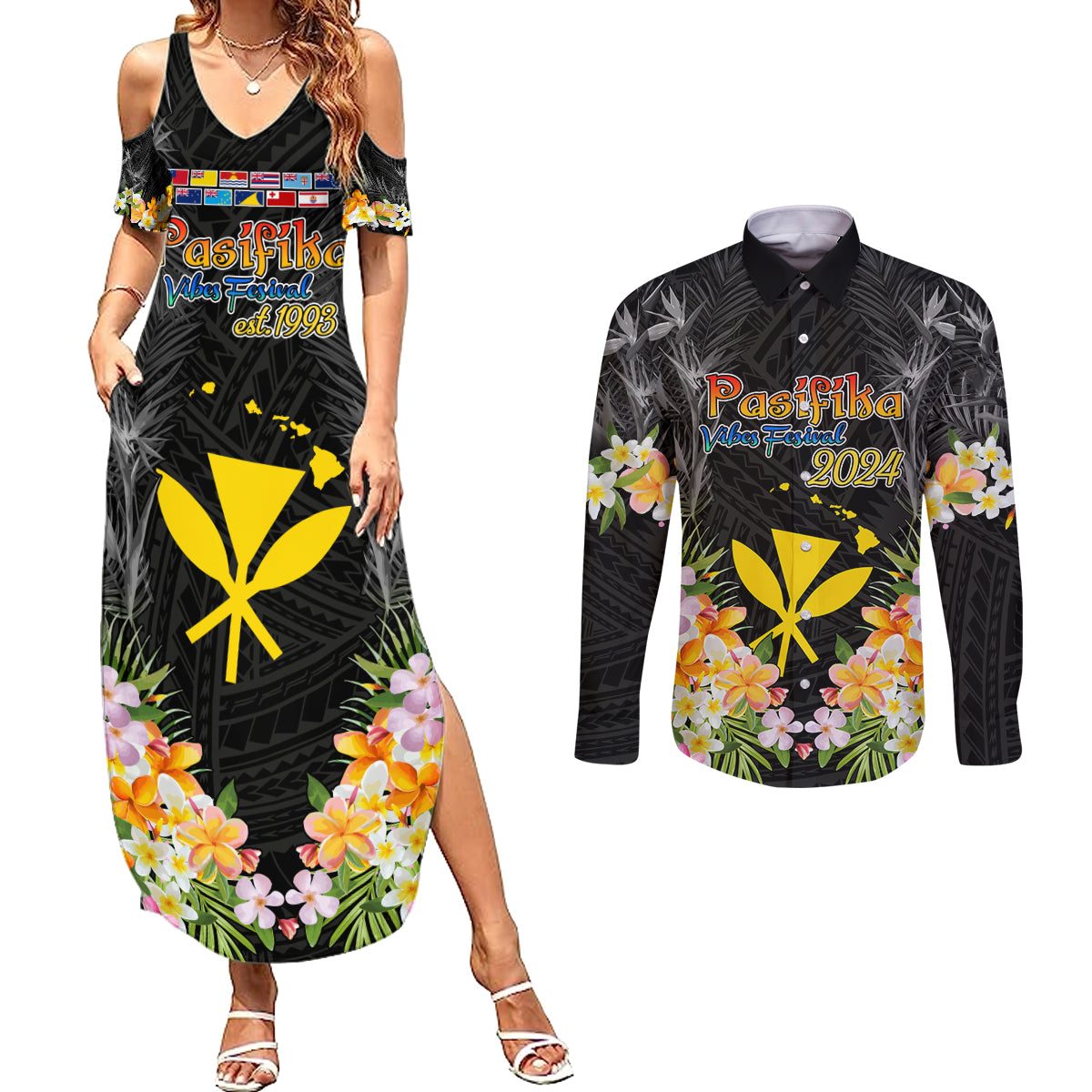 Pasifika Vibes Festival 2024 Couples Matching Summer Maxi Dress and Long Sleeve Button Shirt Kanaka Maoli With Hawaiian Islands LT9 Black - Polynesian Pride