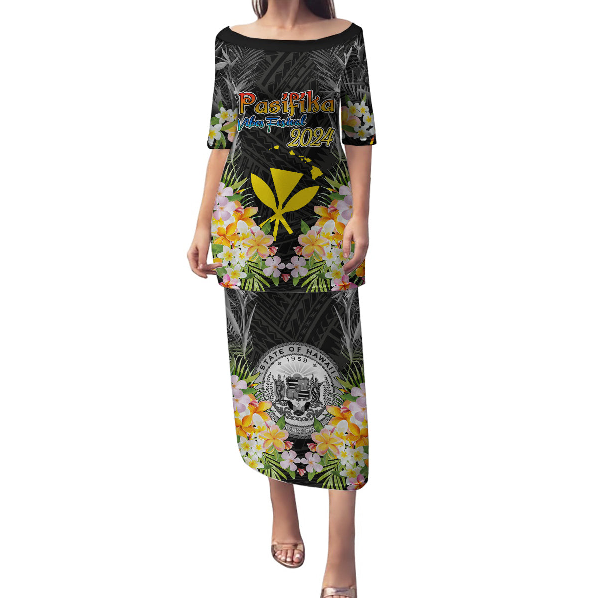 Pasifika Vibes Festival 2024 Family Matching Puletasi and Hawaiian Shirt Kanaka Maoli With Hawaiian Islands LT9 Mom's Dress Black - Polynesian Pride