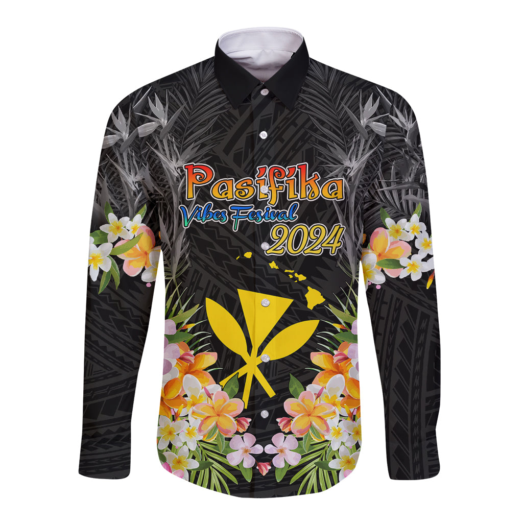 Pasifika Vibes Festival 2024 Long Sleeve Button Shirt Kanaka Maoli With Hawaiian Islands LT9 Unisex Black - Polynesian Pride
