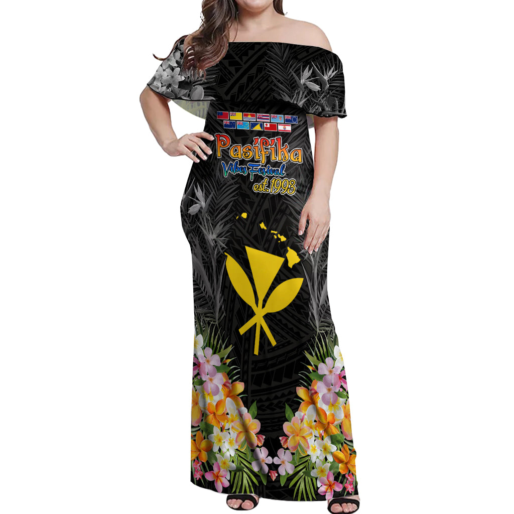 Pasifika Vibes Festival 2024 Off Shoulder Maxi Dress Kanaka Maoli With Hawaiian Islands LT9 Women Black - Polynesian Pride