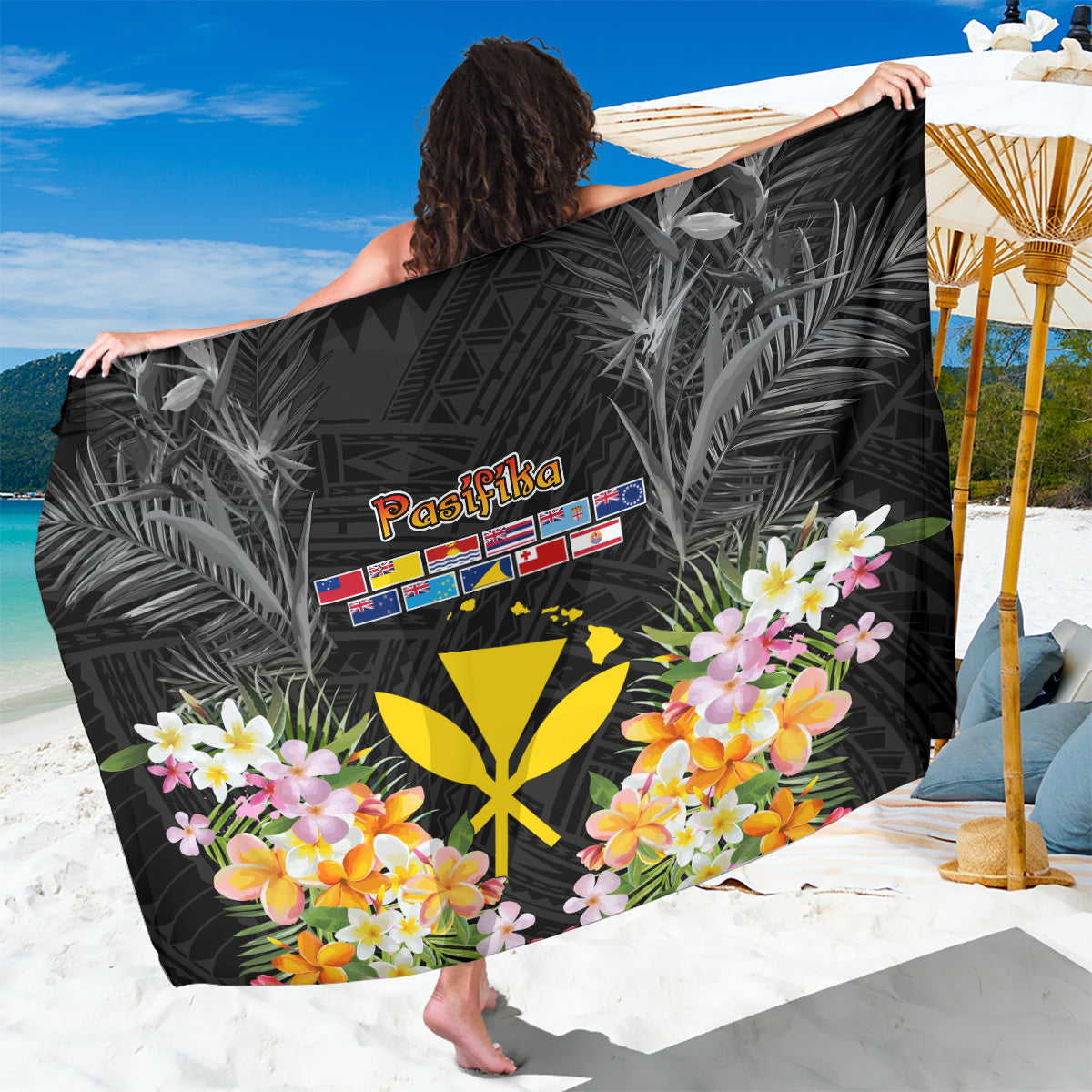 Pasifika Vibes Festival 2024 Sarong Kanaka Maoli With Hawaiian Islands LT9 One Size 44 x 66 inches Black - Polynesian Pride