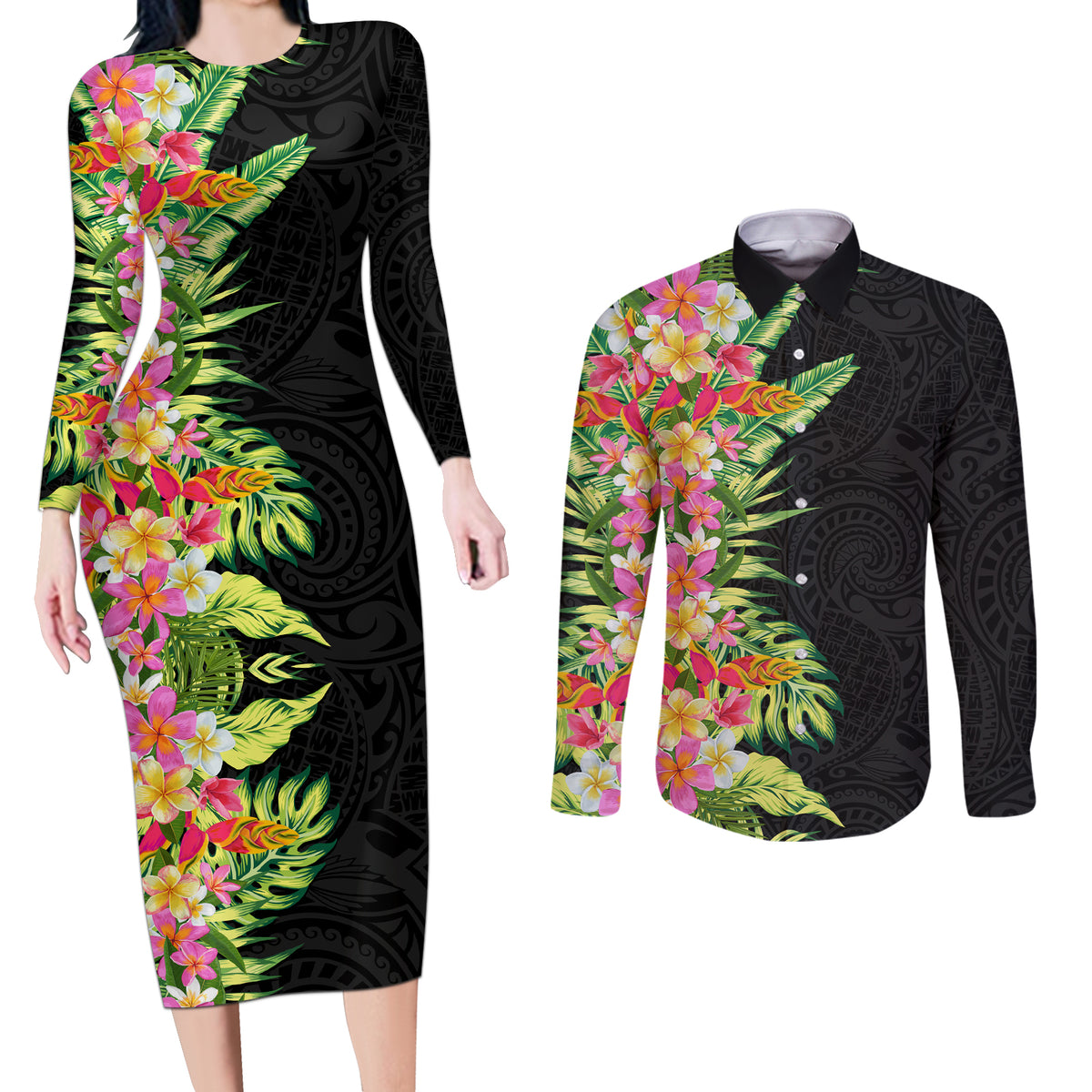 Hawaii Tropical Flowers Tribal Pattern Couples Matching Long Sleeve Bodycon Dress and Long Sleeve Button Shirt No1 LT9 Black - Polynesian Pride