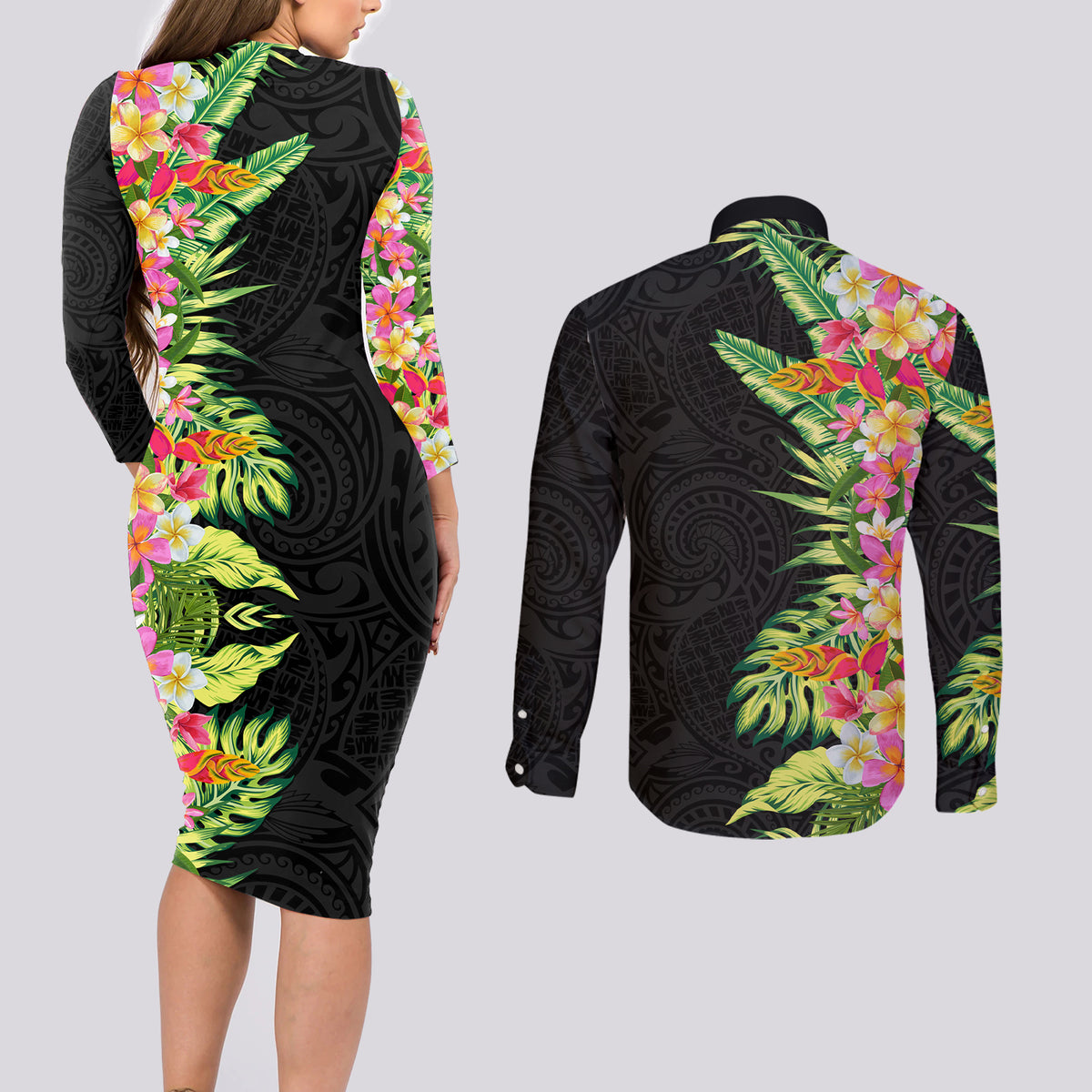 Hawaii Tropical Flowers Tribal Pattern Couples Matching Long Sleeve Bodycon Dress and Long Sleeve Button Shirt No1 LT9 - Polynesian Pride