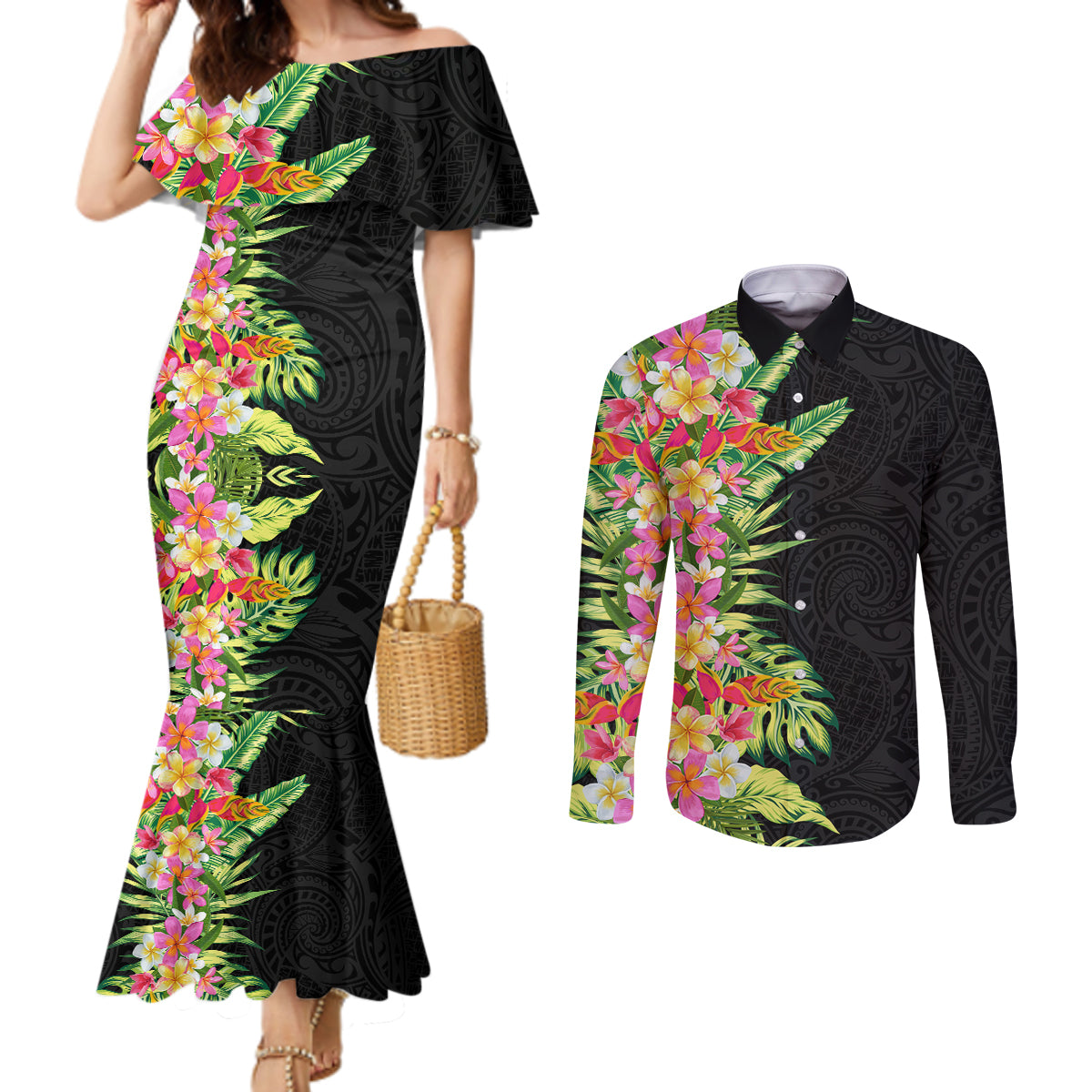 Hawaii Tropical Flowers Tribal Pattern Couples Matching Mermaid Dress and Long Sleeve Button Shirt No1 LT9 Black - Polynesian Pride