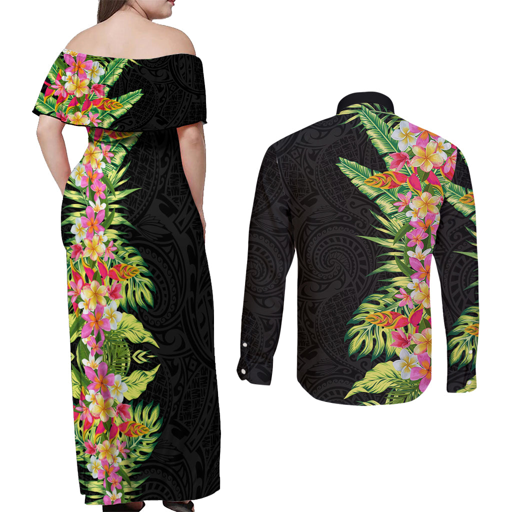 Hawaii Tropical Flowers Tribal Pattern Couples Matching Off Shoulder Maxi Dress and Long Sleeve Button Shirt No1 LT9 - Polynesian Pride