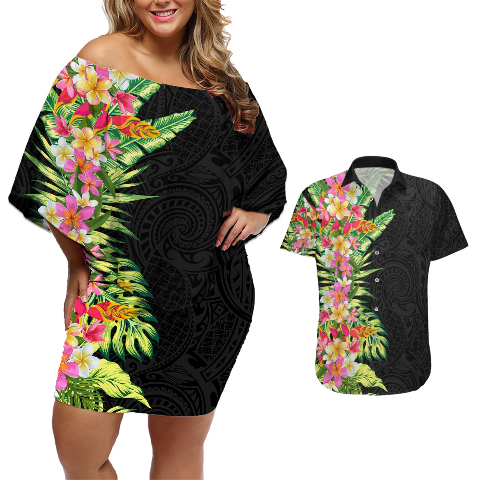 Hawaii Tropical Flowers Tribal Pattern Couples Matching Off Shoulder Short Dress and Hawaiian Shirt No1 LT9 Black - Polynesian Pride