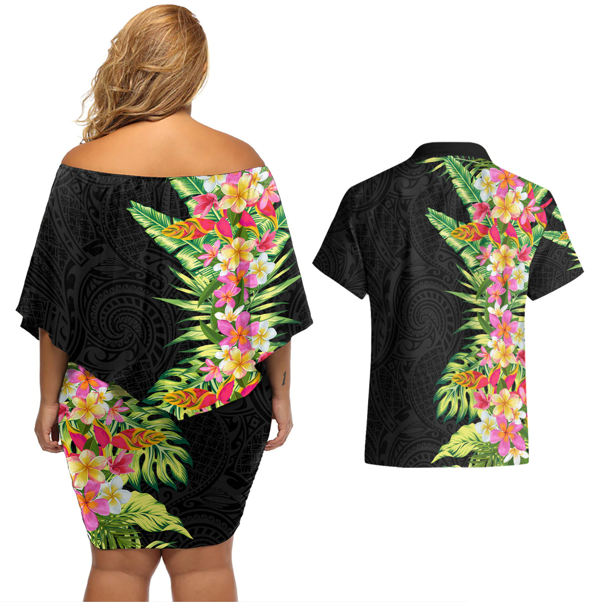 Hawaii Tropical Flowers Tribal Pattern Couples Matching Off Shoulder Short Dress and Hawaiian Shirt No1 LT9 - Polynesian Pride