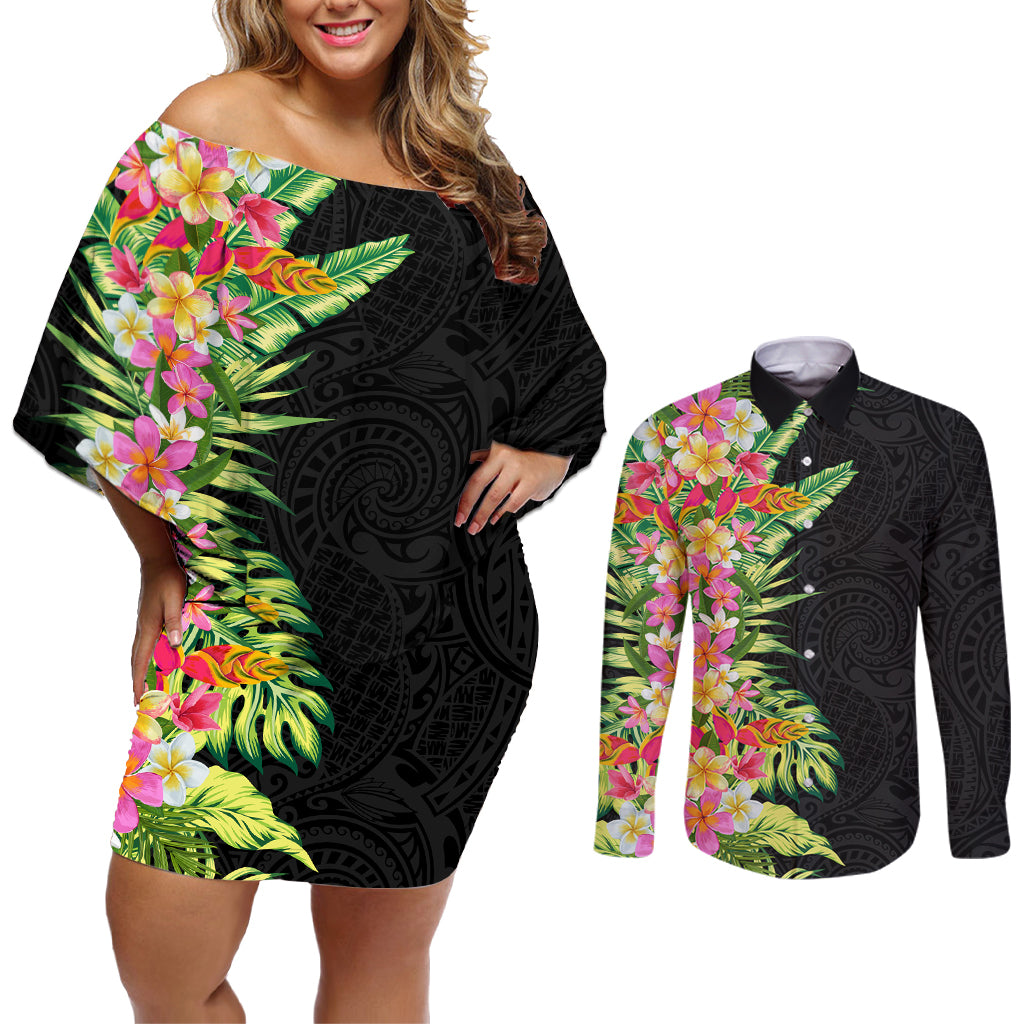 Hawaii Tropical Flowers Tribal Pattern Couples Matching Off Shoulder Short Dress and Long Sleeve Button Shirt No1 LT9 Black - Polynesian Pride