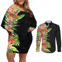 Hawaii Tropical Flowers Tribal Pattern Couples Matching Off Shoulder Short Dress and Long Sleeve Button Shirt No1 LT9 Black - Polynesian Pride