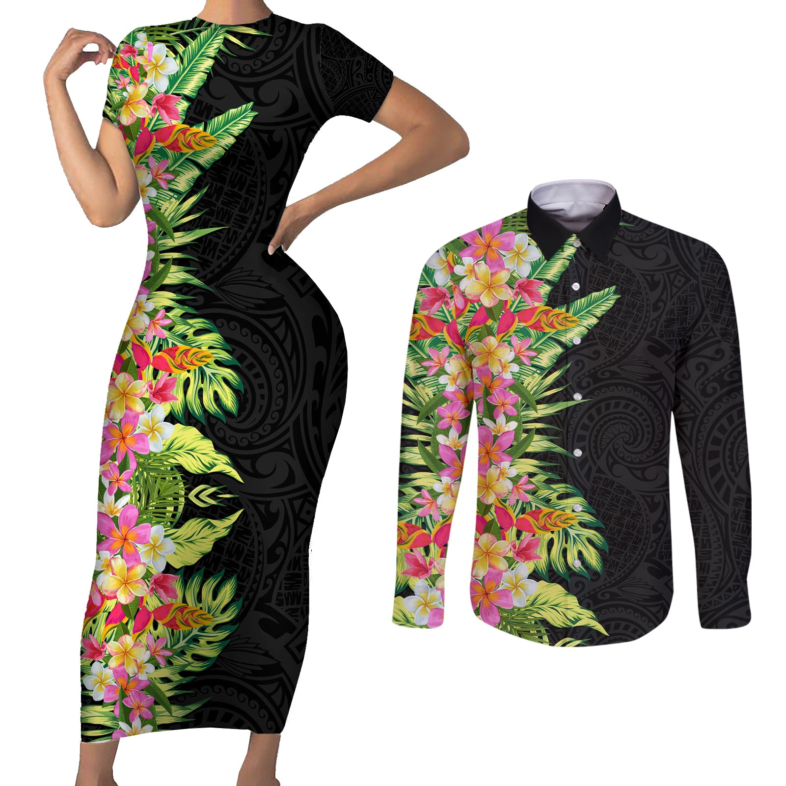 Hawaii Tropical Flowers Tribal Pattern Couples Matching Short Sleeve Bodycon Dress and Long Sleeve Button Shirt No1 LT9 Black - Polynesian Pride