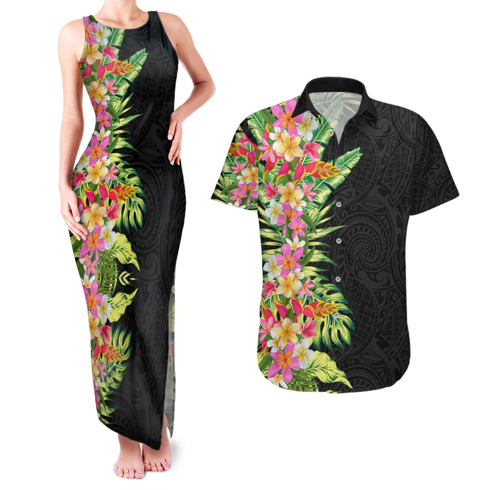 Hawaii Tropical Flowers Tribal Pattern Couples Matching Tank Maxi Dress and Hawaiian Shirt No1 LT9 Black - Polynesian Pride