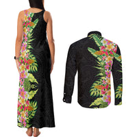 Hawaii Tropical Flowers Tribal Pattern Couples Matching Tank Maxi Dress and Long Sleeve Button Shirt No1 LT9 - Polynesian Pride