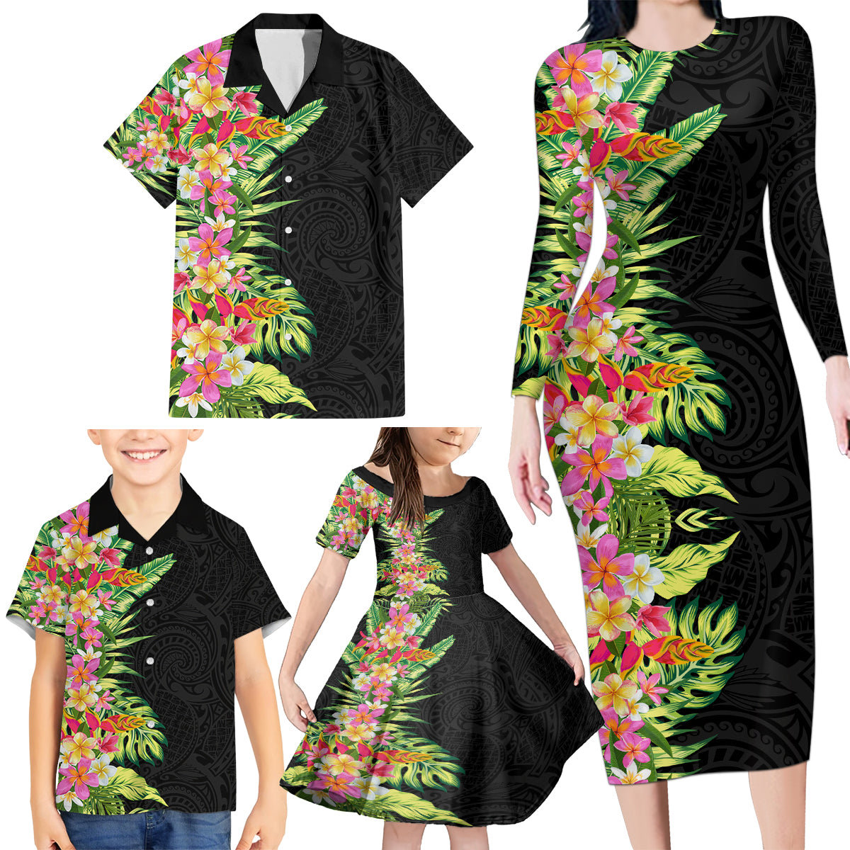 Hawaii Tropical Flowers Tribal Pattern Family Matching Long Sleeve Bodycon Dress and Hawaiian Shirt No1 LT9 - Polynesian Pride