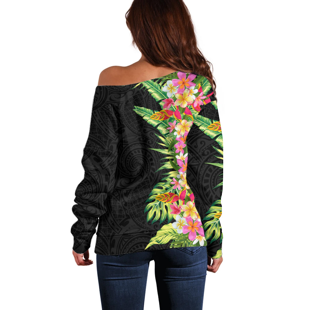 Hawaii Tropical Flowers Tribal Pattern Off Shoulder Sweater No1 LT9 - Polynesian Pride