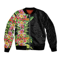 Hawaii Tropical Flowers Tribal Pattern Sleeve Zip Bomber Jacket No1 LT9 Unisex Black - Polynesian Pride