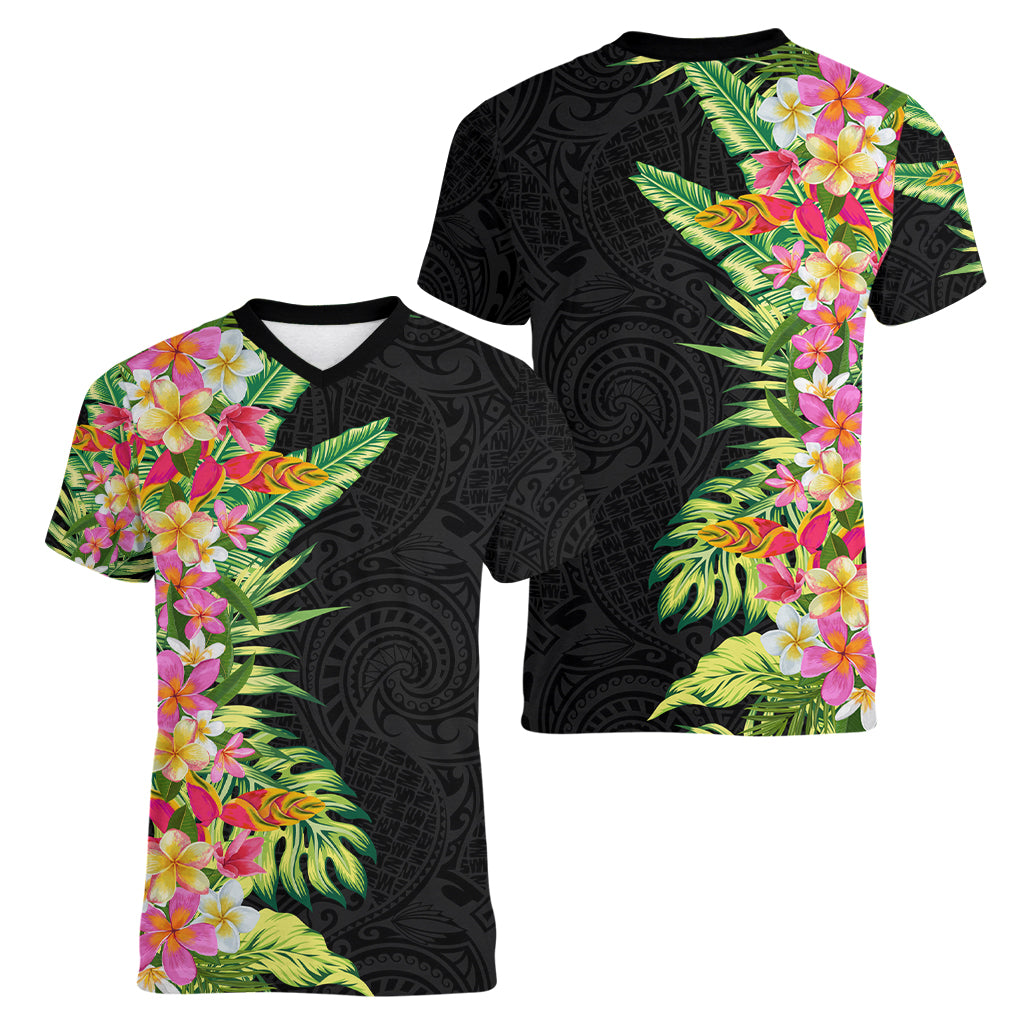 Hawaii Tropical Flowers Tribal Pattern Women V Neck T Shirt No1 LT9 - Polynesian Pride