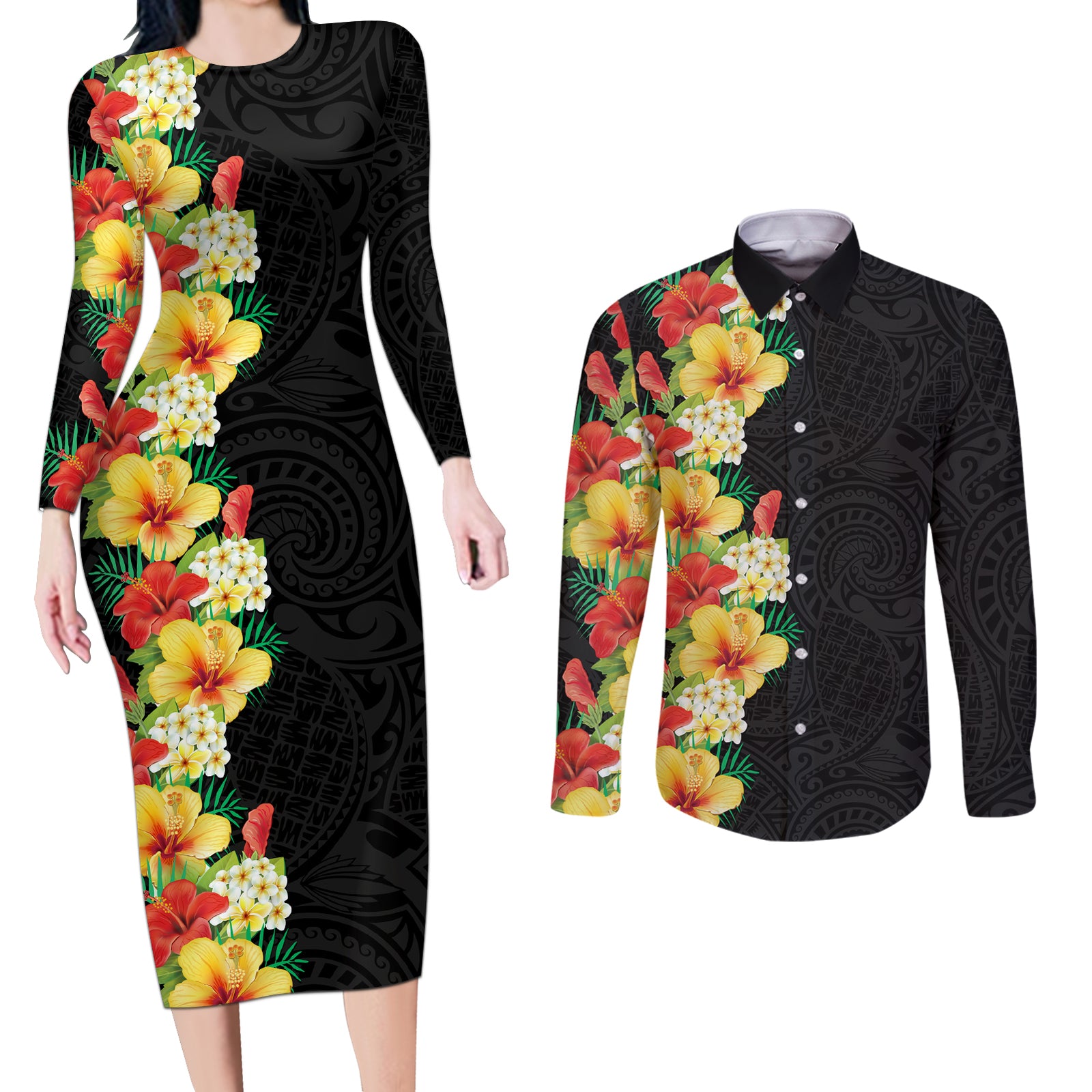 Hawaii Tropical Flowers Tribal Pattern Couples Matching Long Sleeve Bodycon Dress and Long Sleeve Button Shirt No2 LT9 Black - Polynesian Pride